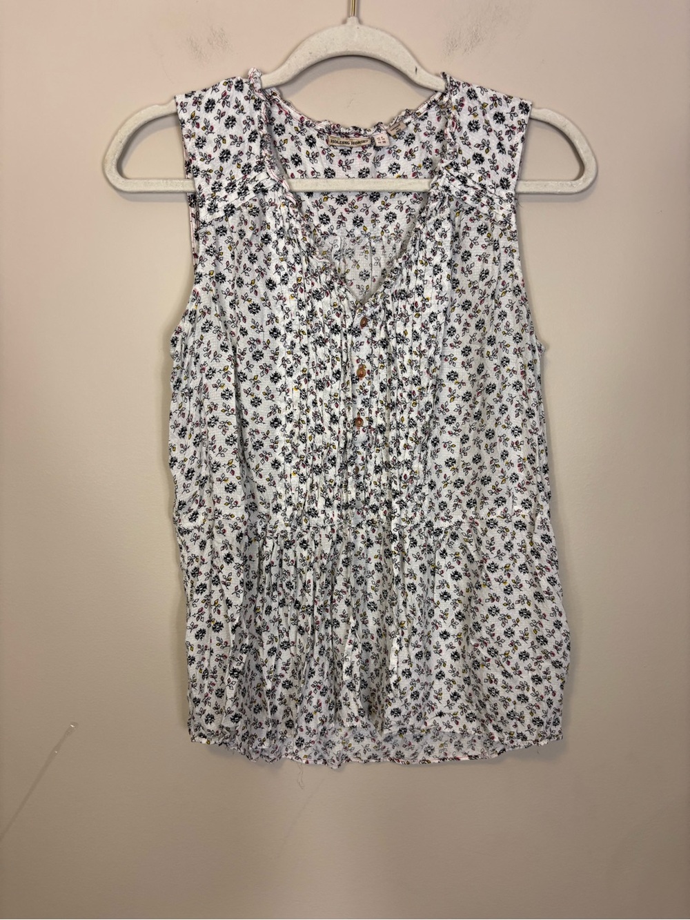 Anthropologie Holding Horses White Floral Pintuck Sleeveless Tank Top US 6